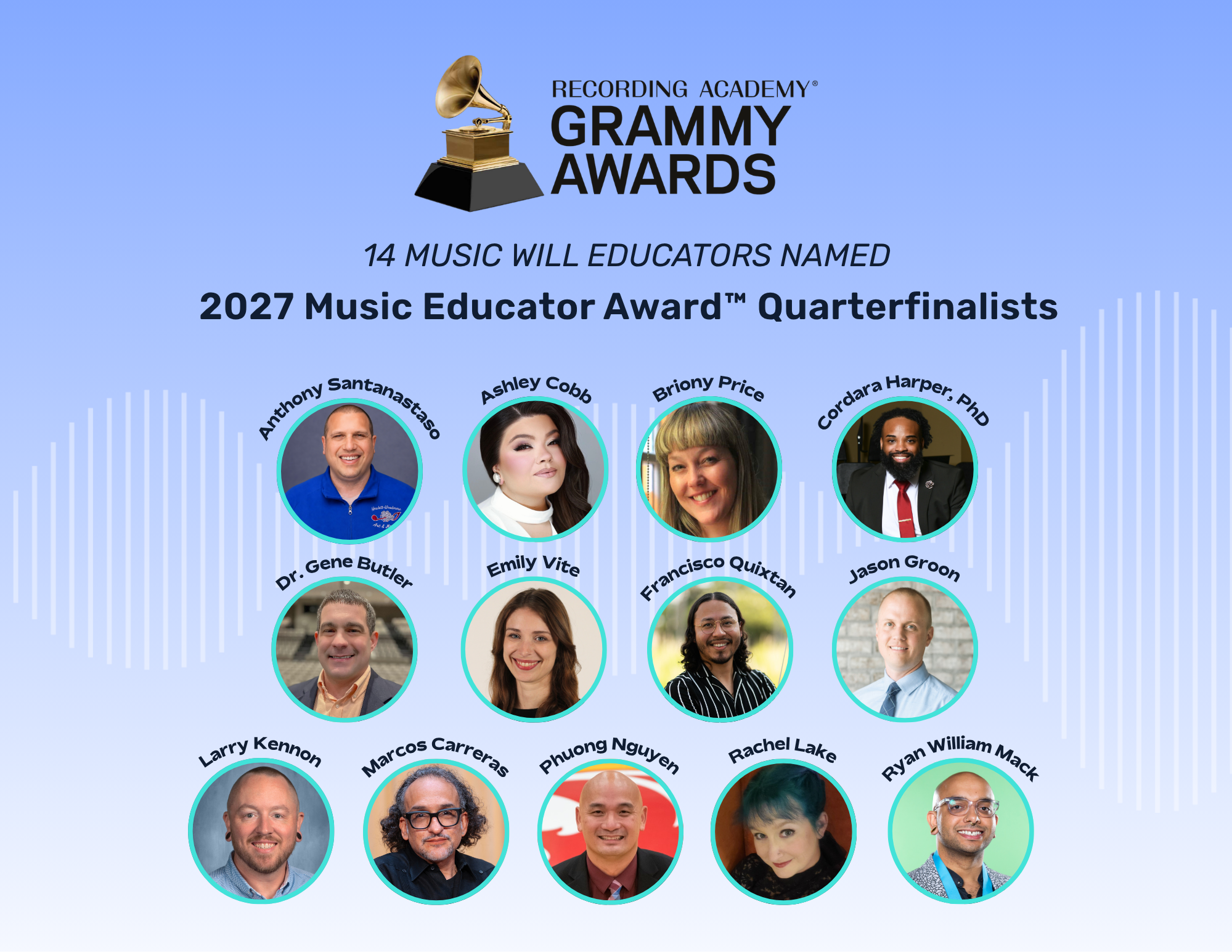 graphic of the 14 music will educators nominated for the 2027 GRAMMY Music Educator Award. The graphic includes the names and headshots of the 14 teachers.
