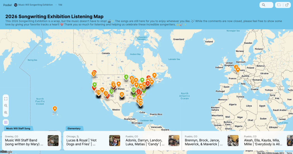 Interactive map featuring original student songs from Music Will’s 2026 National Songwriting Exhibition