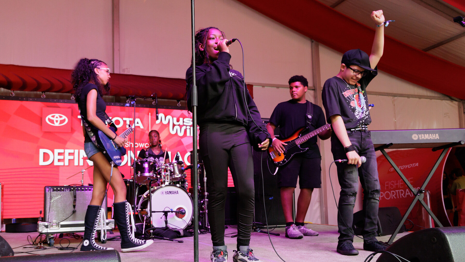 Local student band, Definition Chaos, performed on the Toyota Music Den stage during day four of Lollapalooza in Chicago.